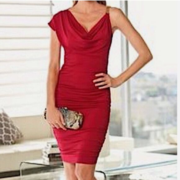 Boston Proper Red Chain Detail Ruched Draped Neck Sheath Bodycon Dress Size 14 - Picture 1 of 6
